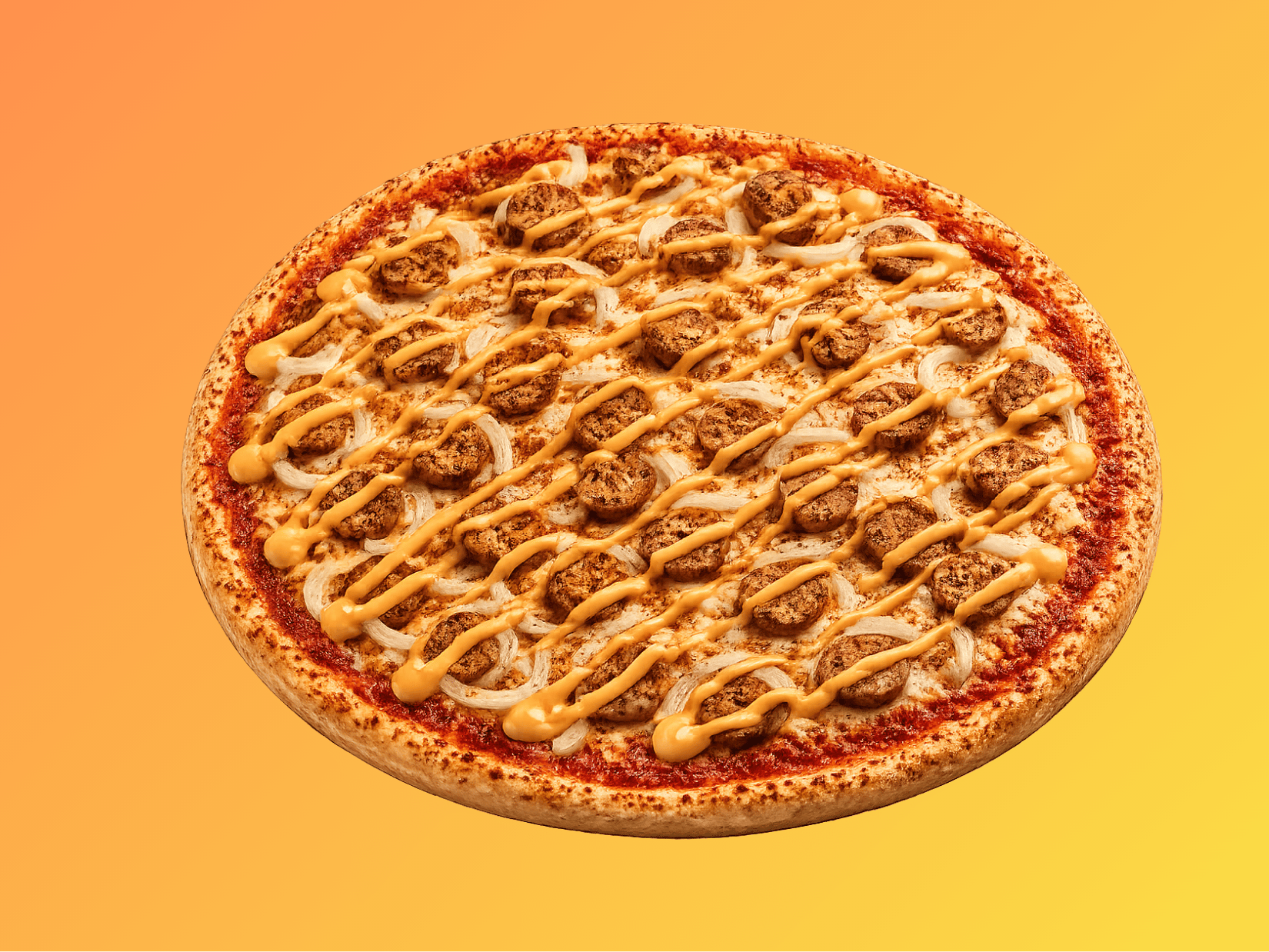 Currywurst Pizza mit Bratwurstscheiben und Mozzarella