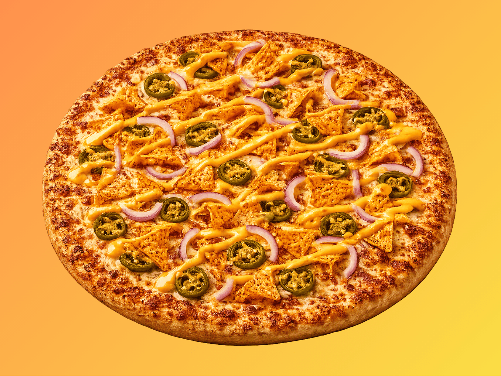 Cheese Nacho Pizza mit Jalapeños, Nachos und Käsesauce
