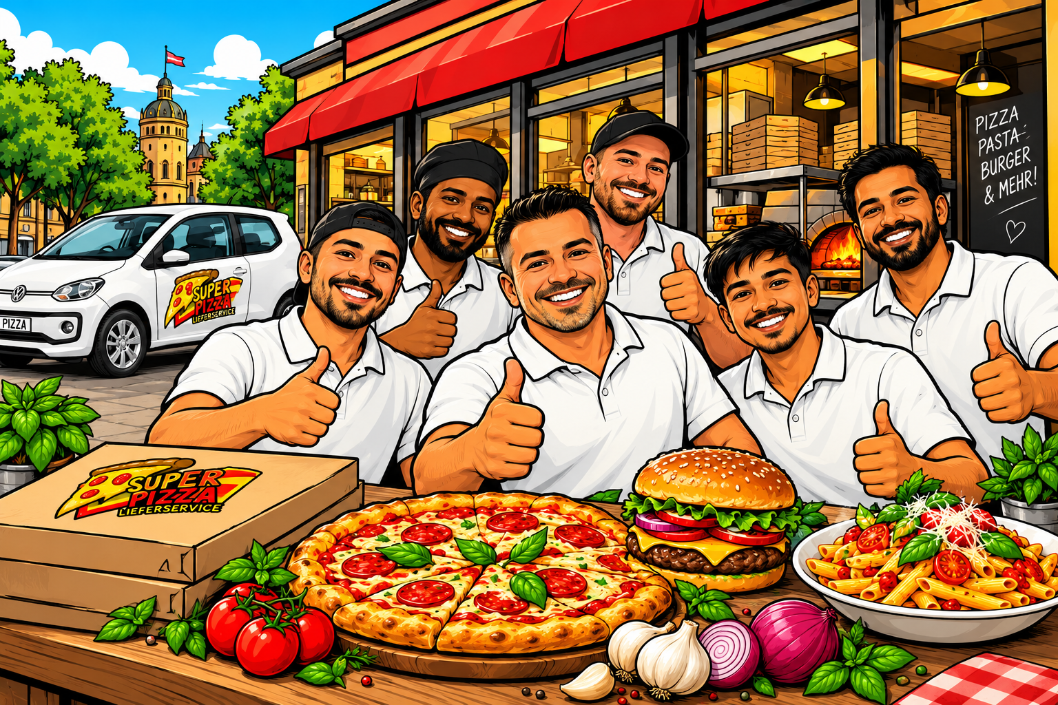 Comic-Illustration von Super Pizza mit Team und Gerichten