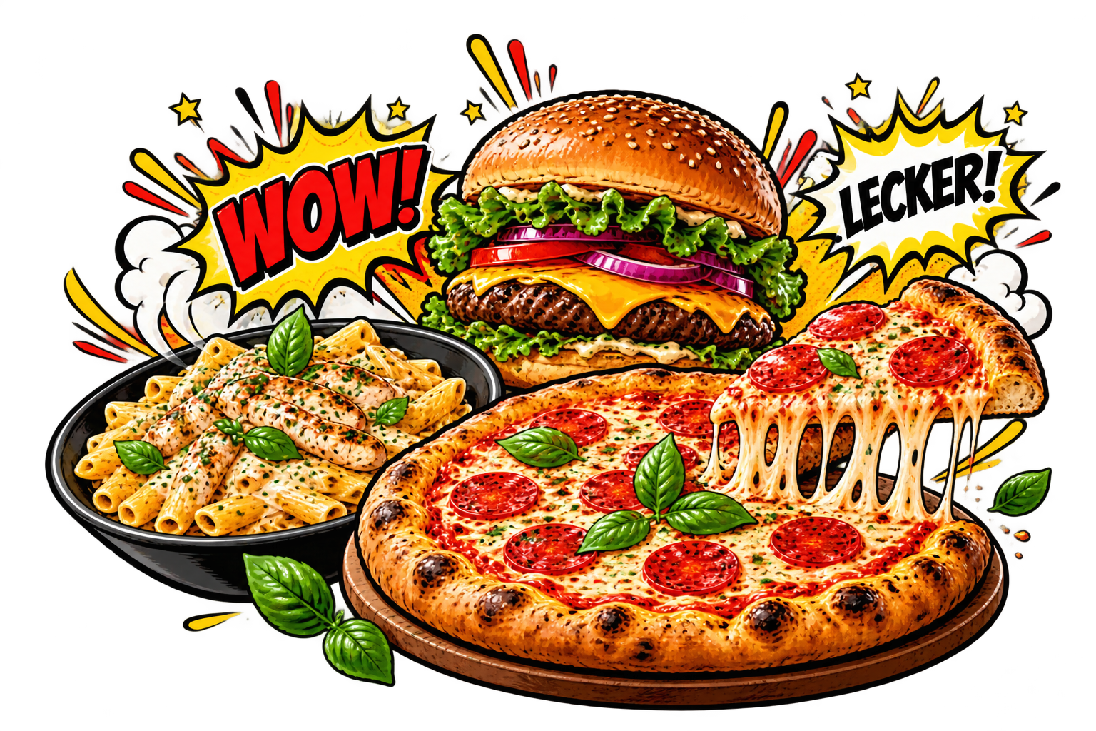 Comic-Illustration mit Pizza, Burger, Pasta und den Sprechblasen Wow und Lecker
